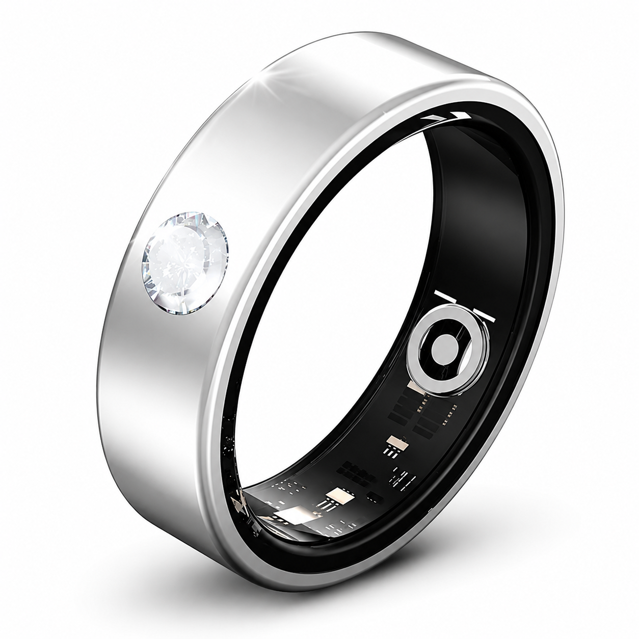 Smart ring with heart rate and sleep tracking on white background