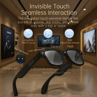Side profile of black technology-inspired sunglasses highlighting the wide temple construction.