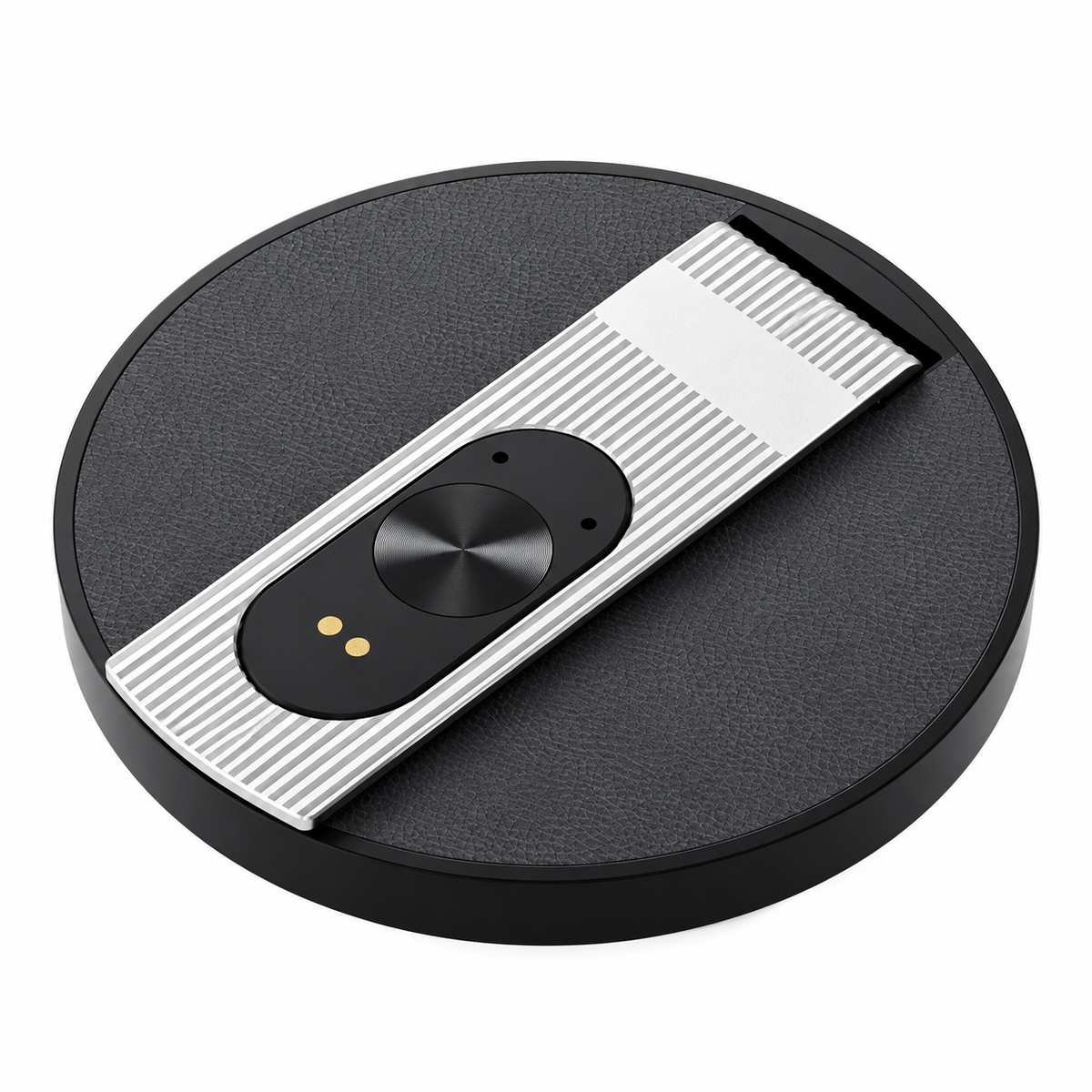Silver and black smart translator device with a slim rectangular design.