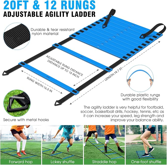 Twelve soccer training cones and four agility hurdles arranged for sports movement drills