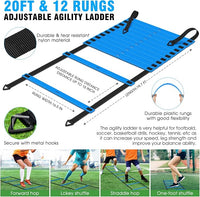Twelve soccer training cones and four agility hurdles arranged for sports movement drills
