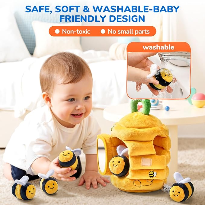 Soft sensory toy with rattle, squeaker, and mirror for babies