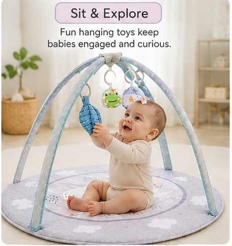 Soft round baby tummy time mat with pastel animal design