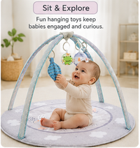 Soft round baby tummy time mat with pastel animal design