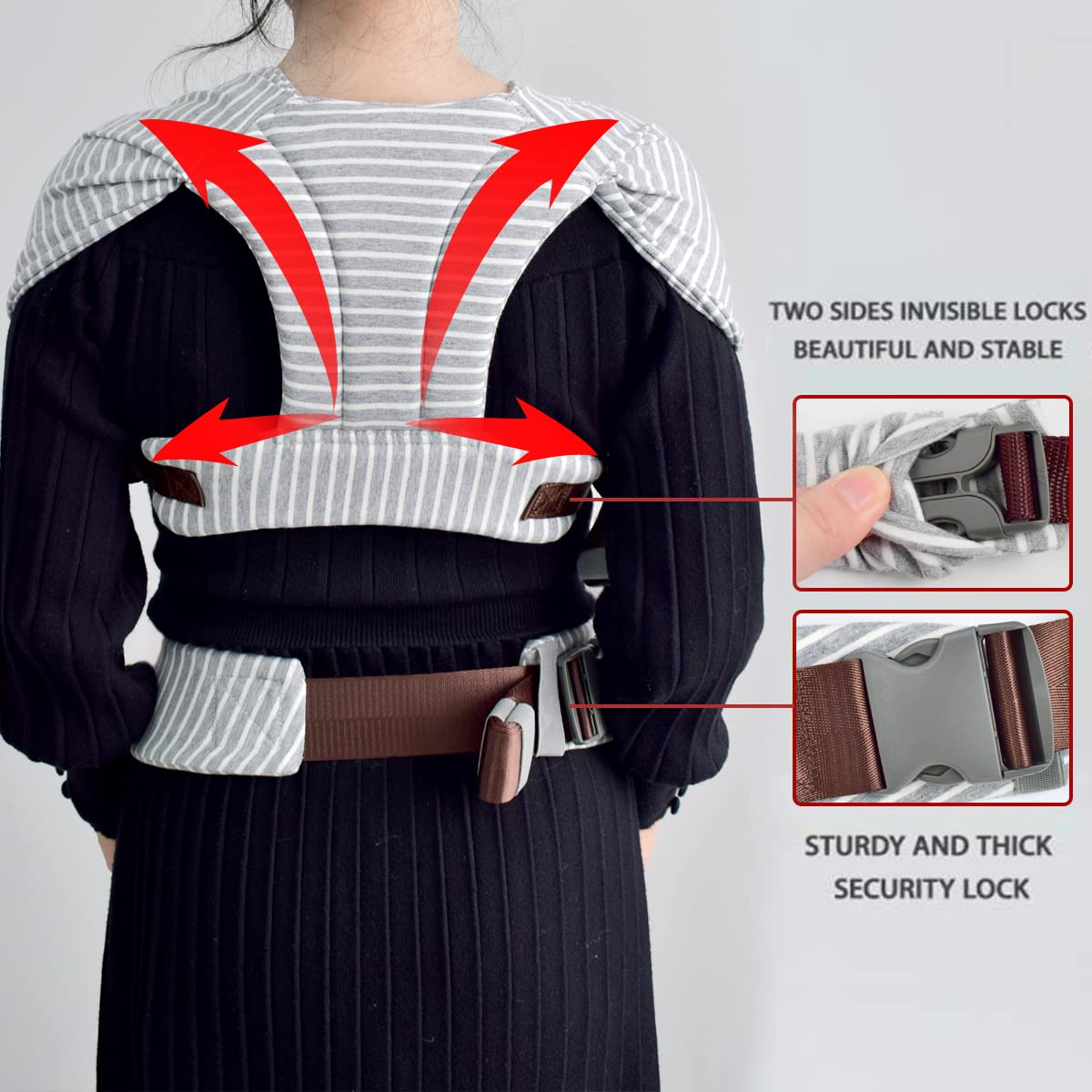 Alt Text: Side perspective of a caregiver wearing the wrap-inspired carrier with an inward-facing baby.