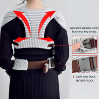 Alt Text: Side perspective of a caregiver wearing the wrap-inspired carrier with an inward-facing baby.