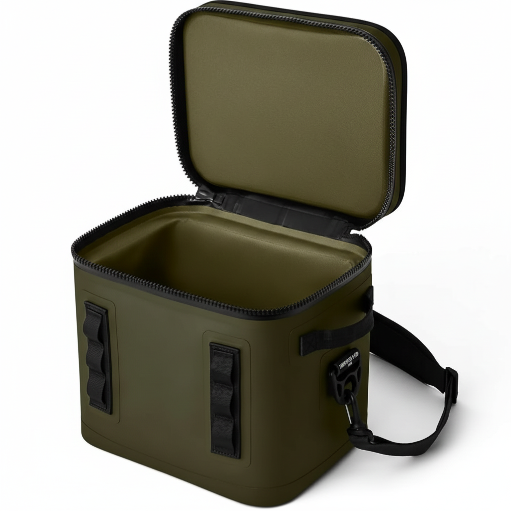 Soft-sided cooler with adjustable shoulder strap for easy transport