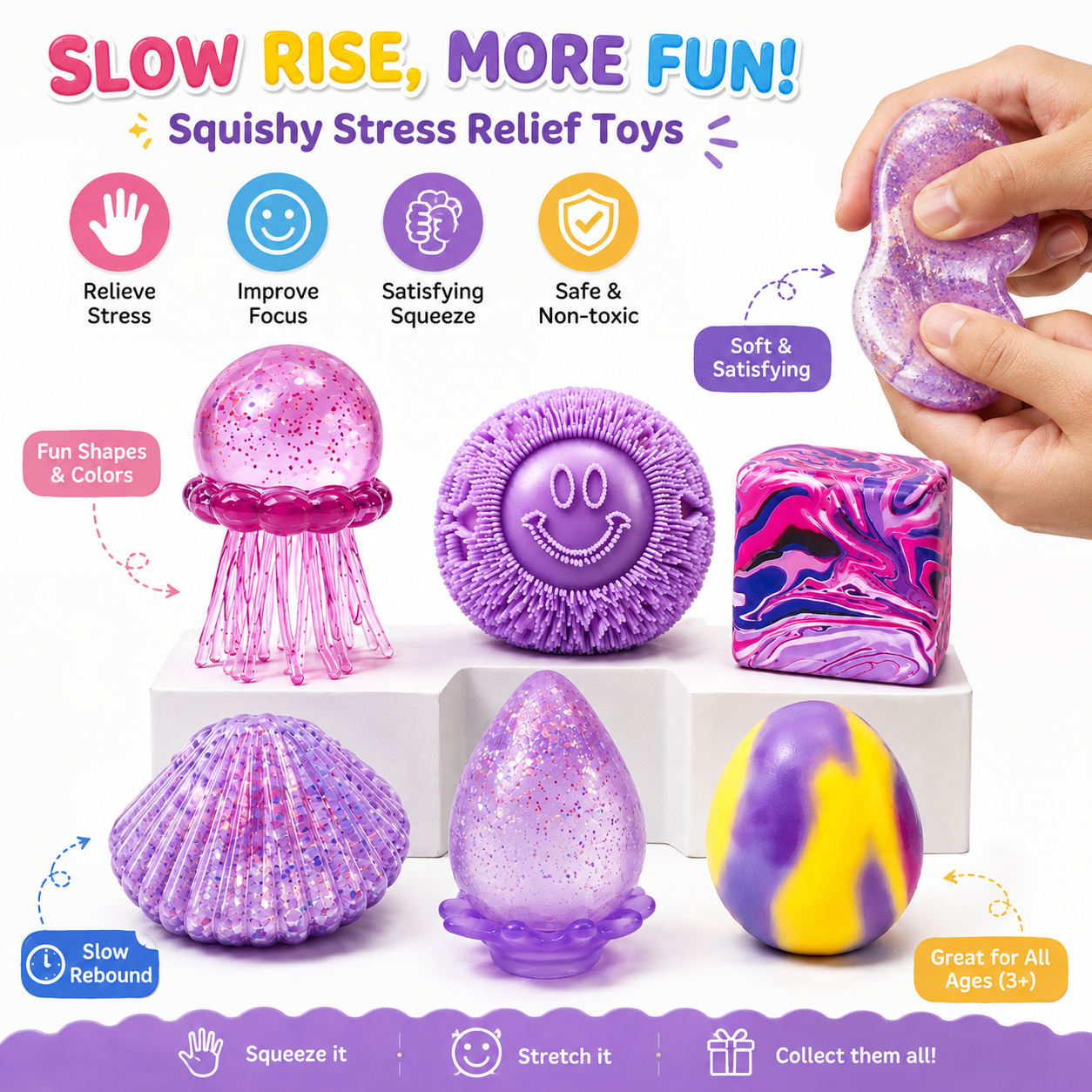 Soft squishy toy with flexible tactile texture