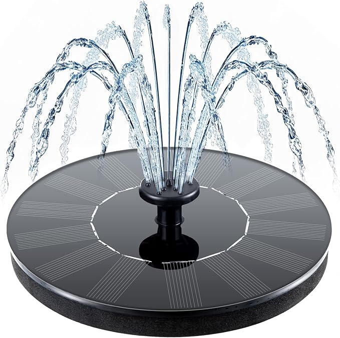 Solar bird bath fountain with 6 adjustable nozzles and floating design in a garden pond.