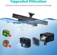 1.4W solar-powered water pump in a bird bath with customized water spray patterns.