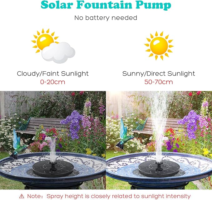 Floating solar water pump with adjustable spray height and nozzles in a pond.