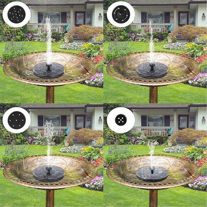 Solar bird bath fountain pump in a pool, attracting birds with its water spray and eco-friendly design