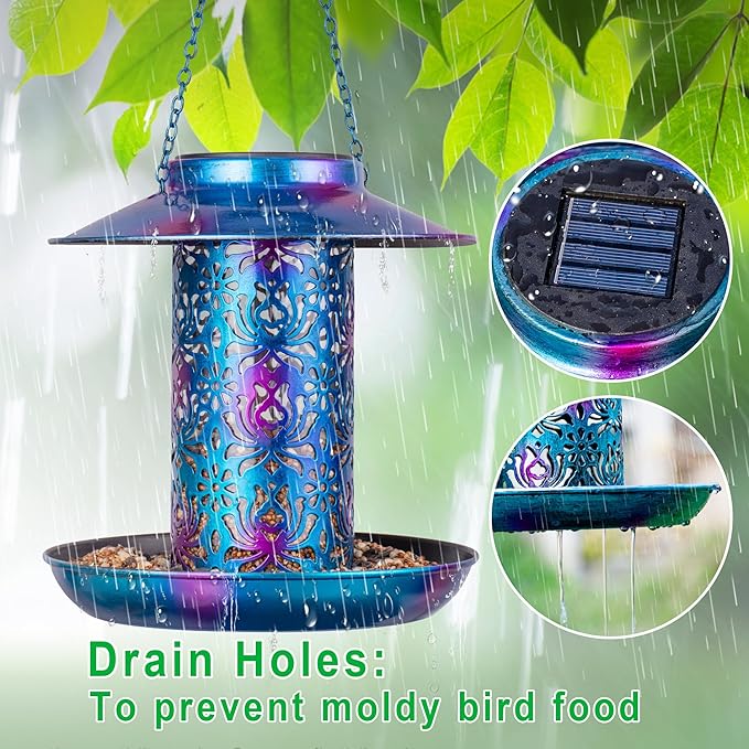 Solar Bird Feeder Hanging Metal Lantern Blue for Garden