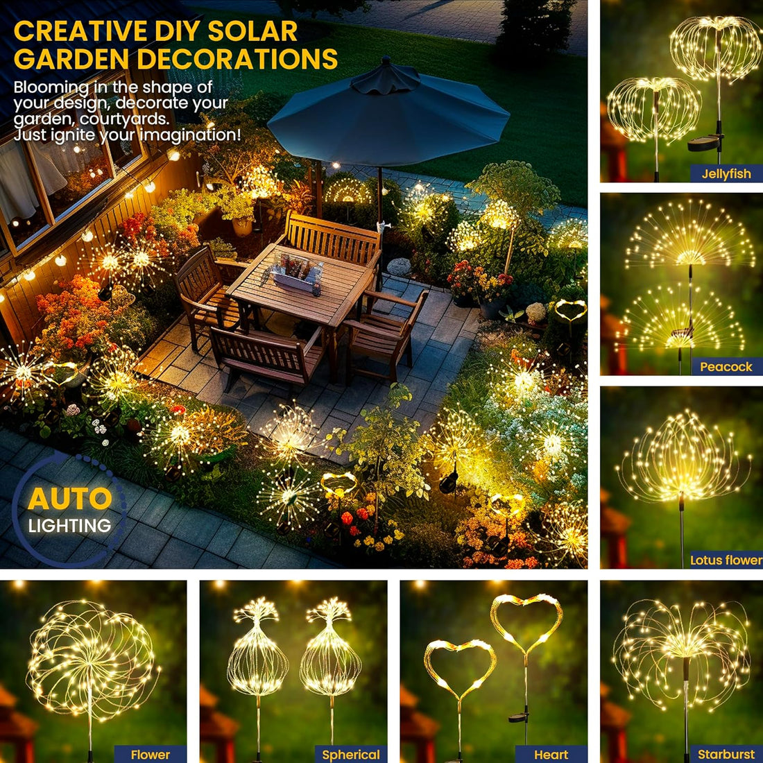 solar dandelion fairy lights glowing at night creating festive outdoor decoration