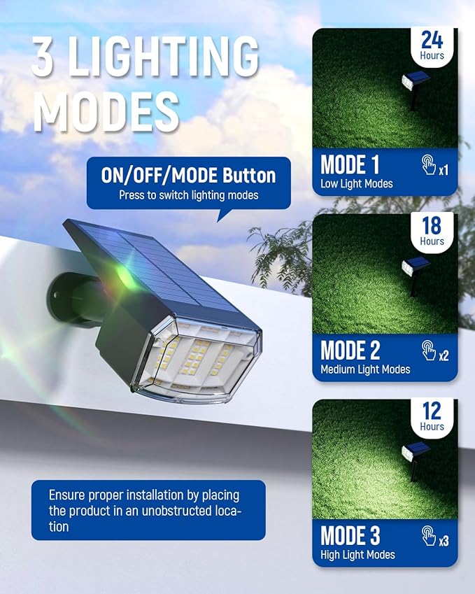 solar spot lights with 3 lighting modes for adjustable brightness in outdoor spaces