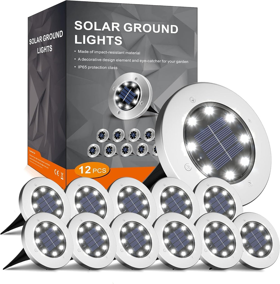 12 pack solar outdoor pathway lights with cold white LED on white background