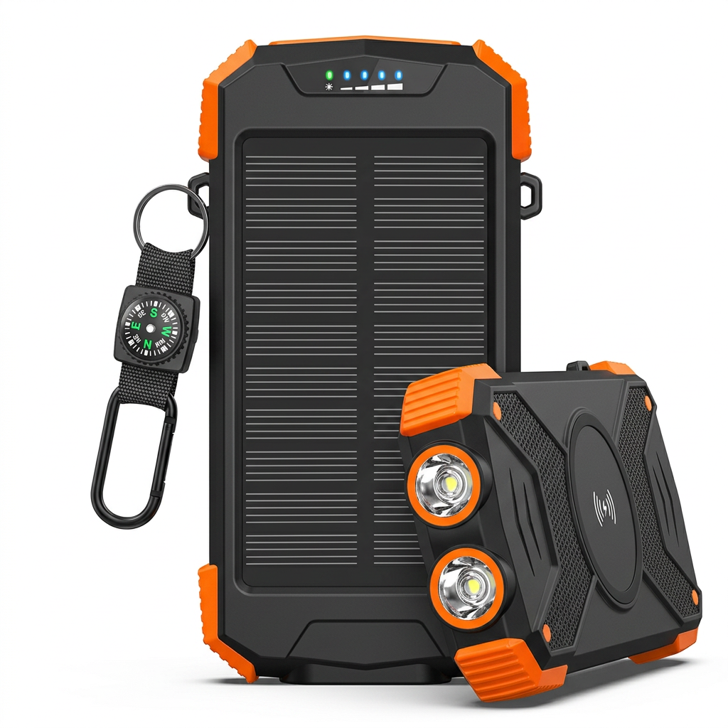 10000mAh solar power bank front view with wireless charging