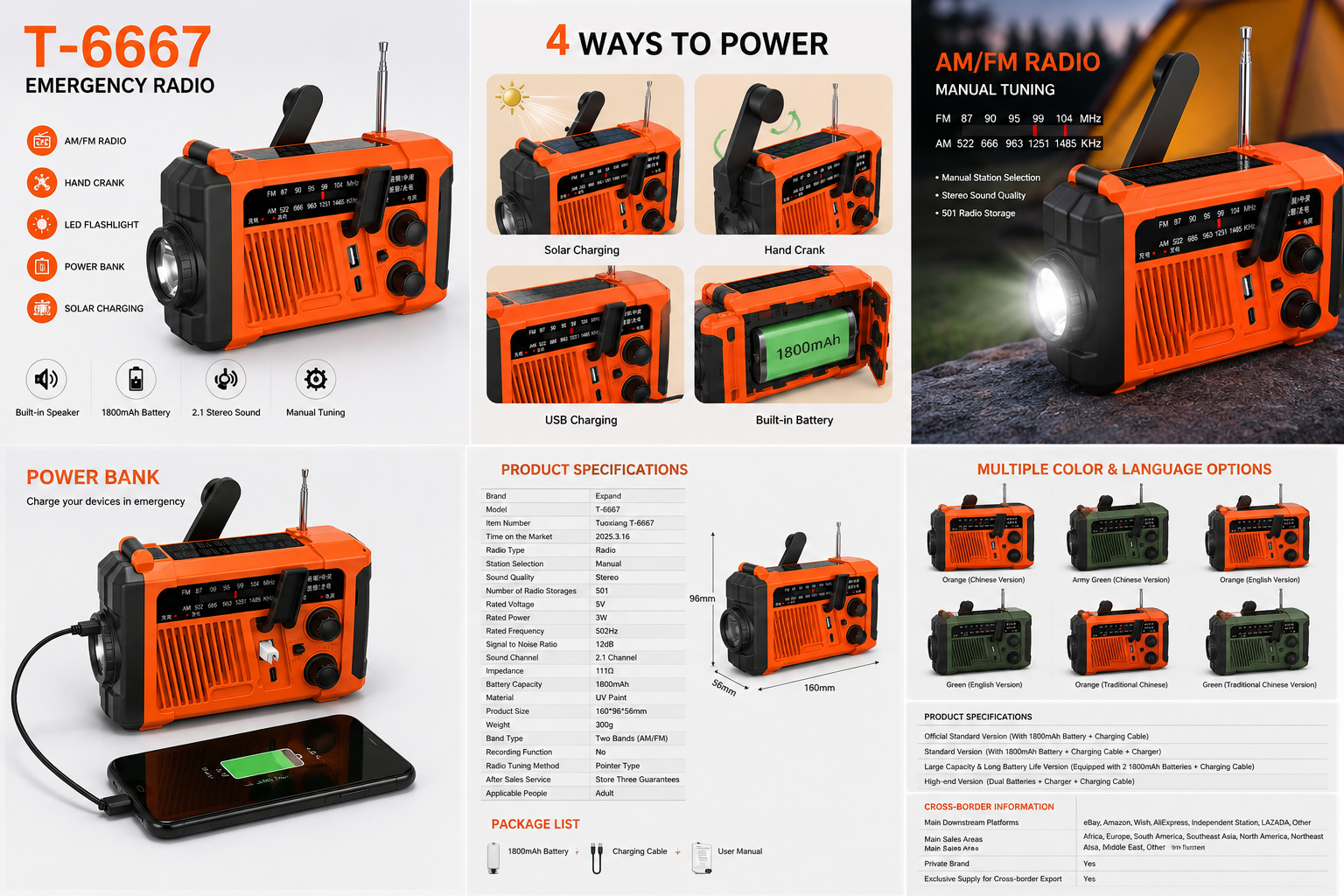 Solar powered emergency radio with flashlight and power bank for outdoor camping and disaster prevention