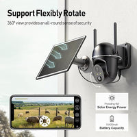Weatherproof solar-powered camera with 360° rotation and 2-way talk for home security.