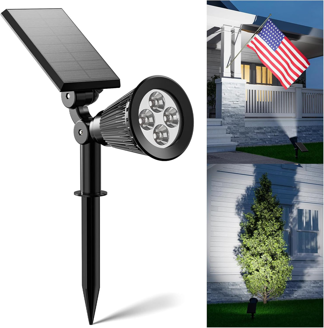 Solar spotlights providing bright LED lighting for a garden flagpole.