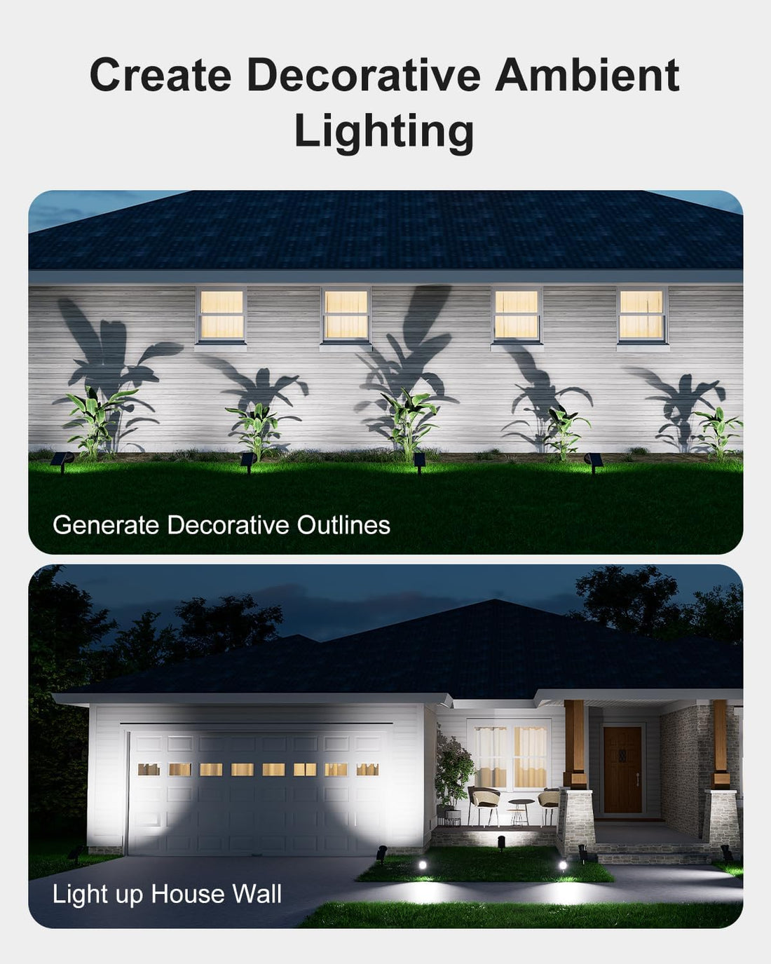Waterproof solar LED floodlights highlighting a palm tree in the yard