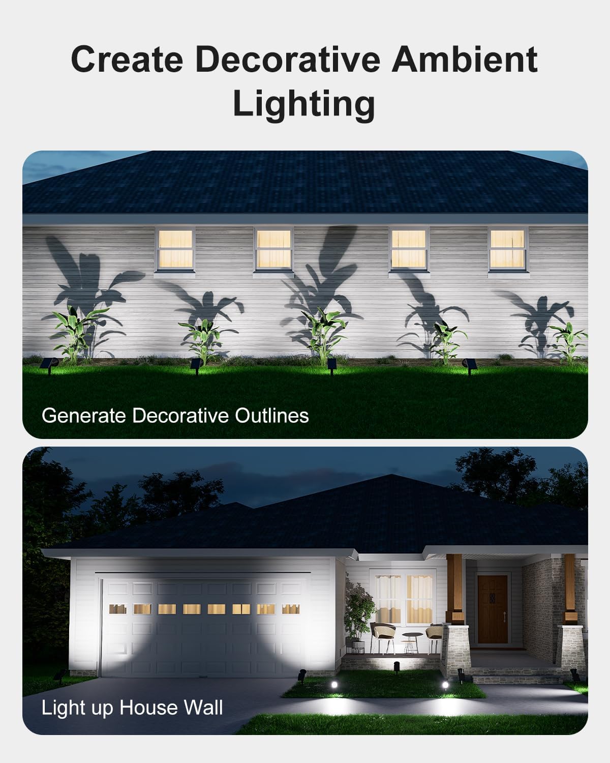 Waterproof solar LED floodlights highlighting a palm tree in the yard
