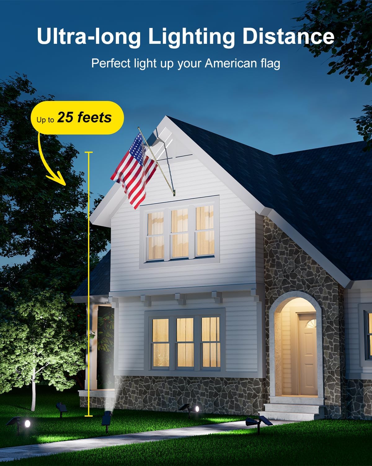 Solar-powered spotlights installed along a garden pathway for accent lighting.