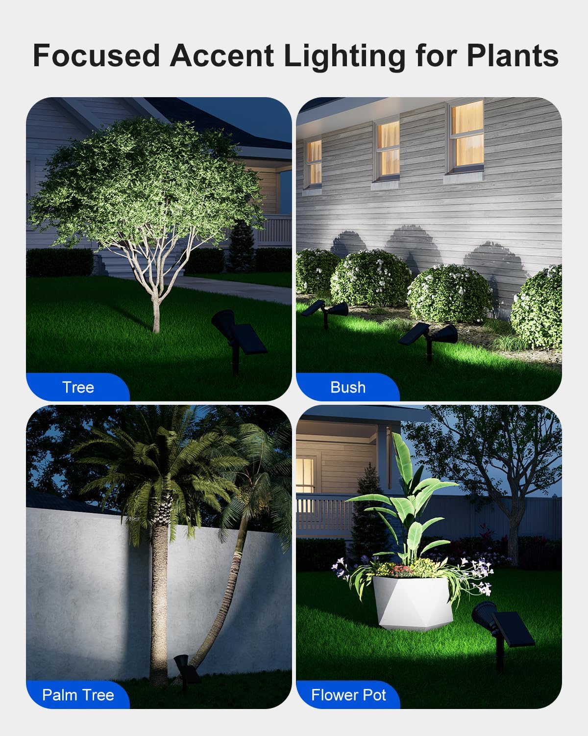 Waterproof solar spotlights with adjustable angles for custom outdoor lighting.