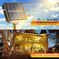 Warm white solar string lights with 8 lighting modes for outdoor decor