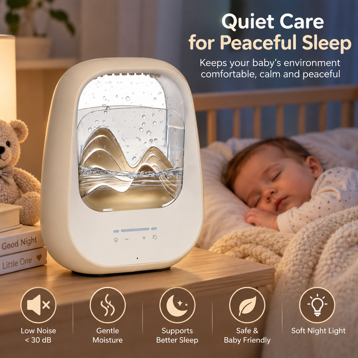 Soothing tabletop baby sound device with simple adjustable front controls