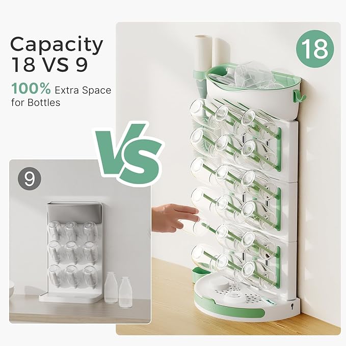 Space saving baby bottle rack for kitchen counter