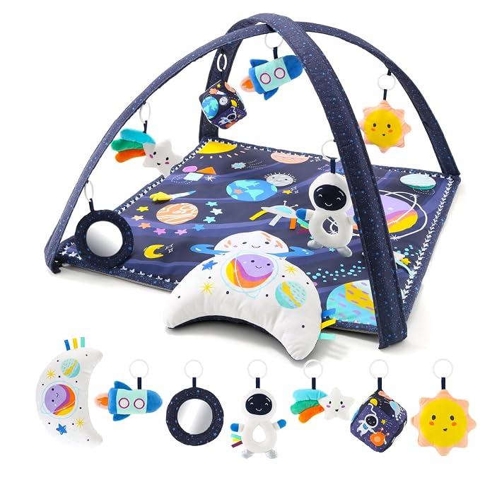 Space theme baby play gym with hanging sensory toys and padded infant mat