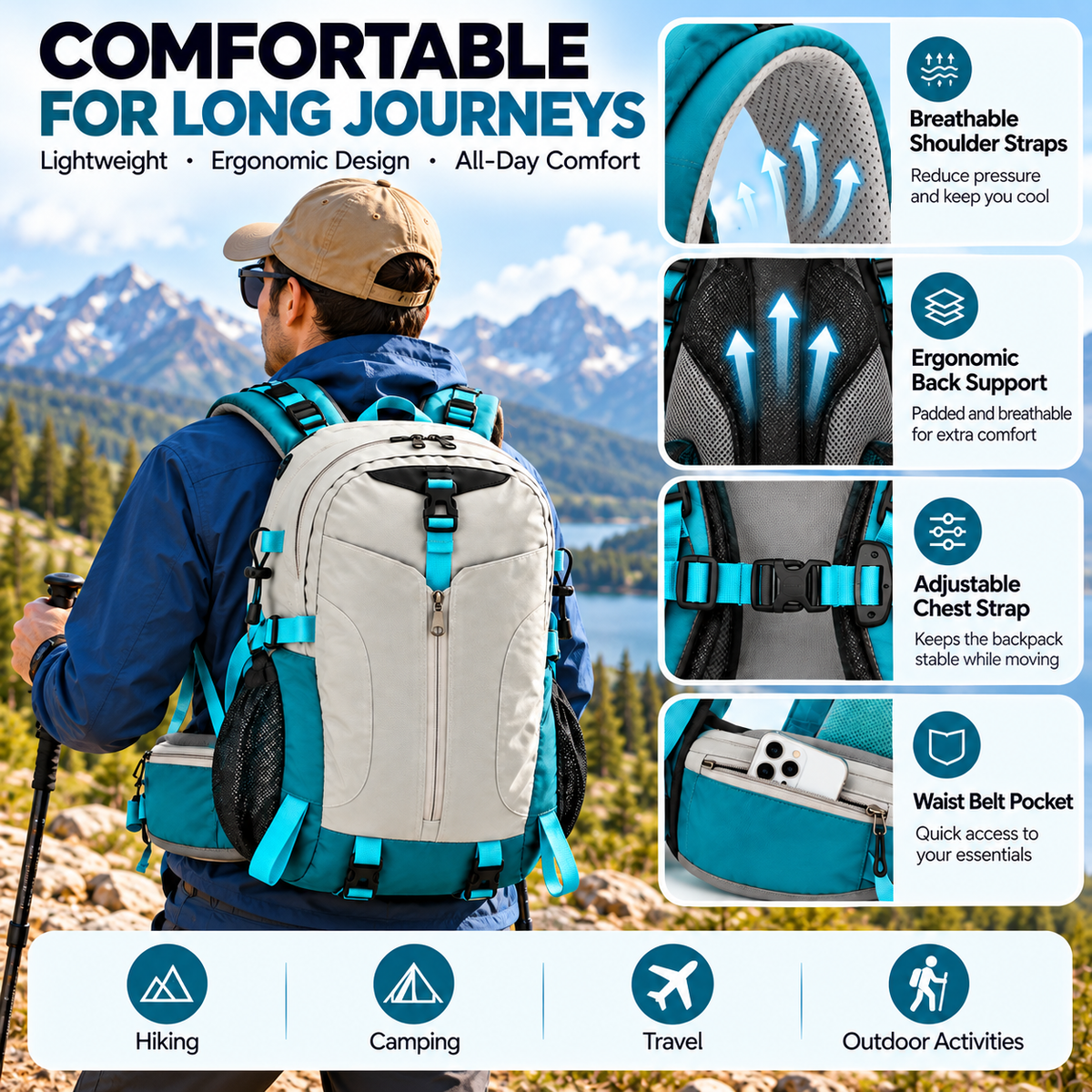 Spacious mountain travel backpack for carrying clothing and outdoor essentials.