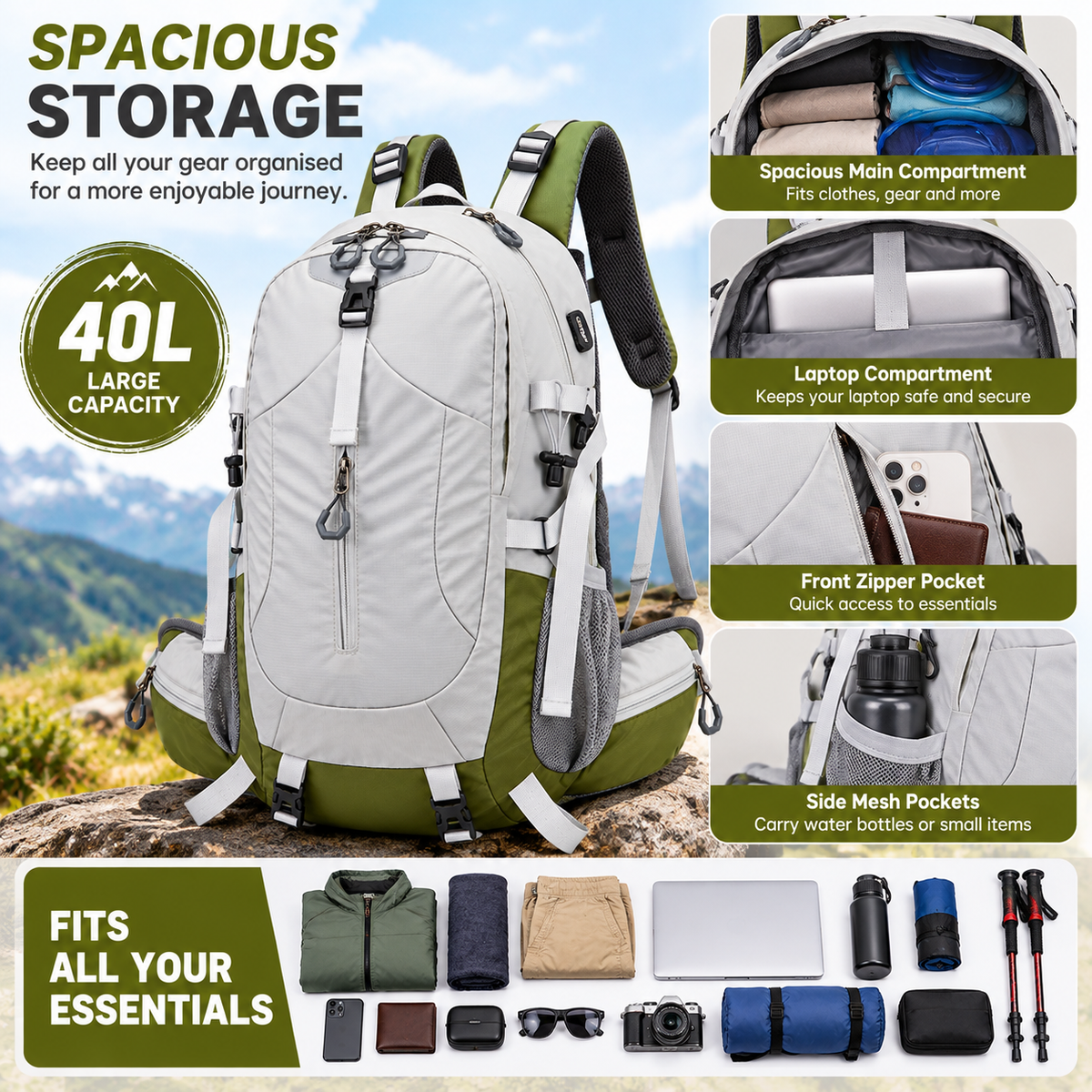 Spacious mountaineering travel bag for carrying clothing and personal essentials.