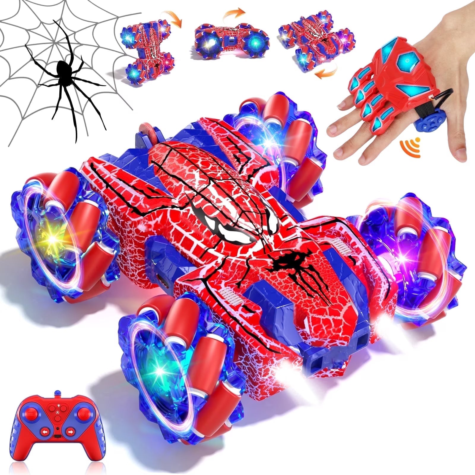 Spider design RC stunt car with 4WD double-sided driving