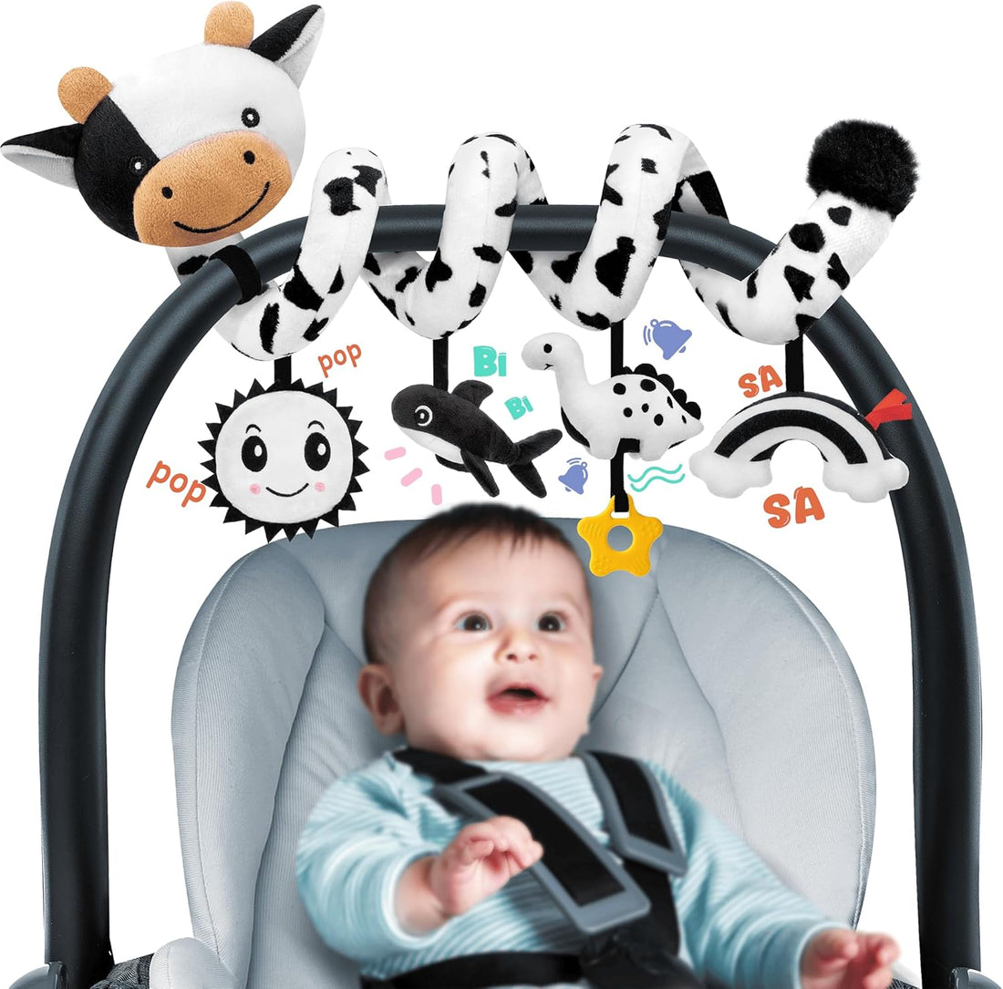 spiral car seat baby toy with high contrast sensory hanging toys