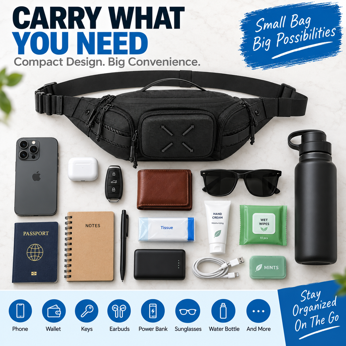 Sports waist bag with compact storage compartments