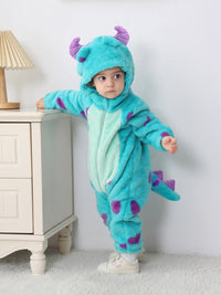 Decorative purple patches across the bright aqua fabric.