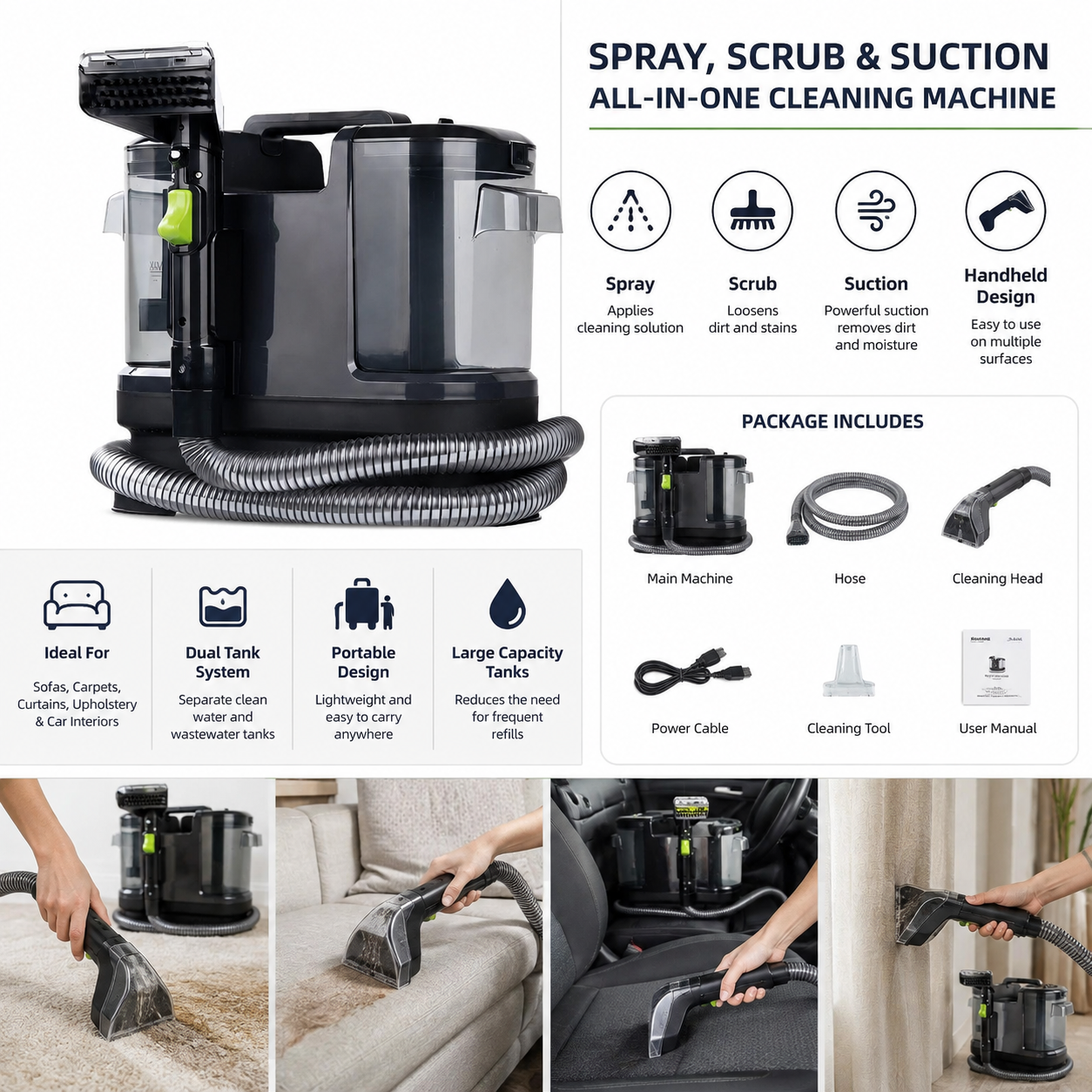 Carpet cleaner with integrated spray and suction system
