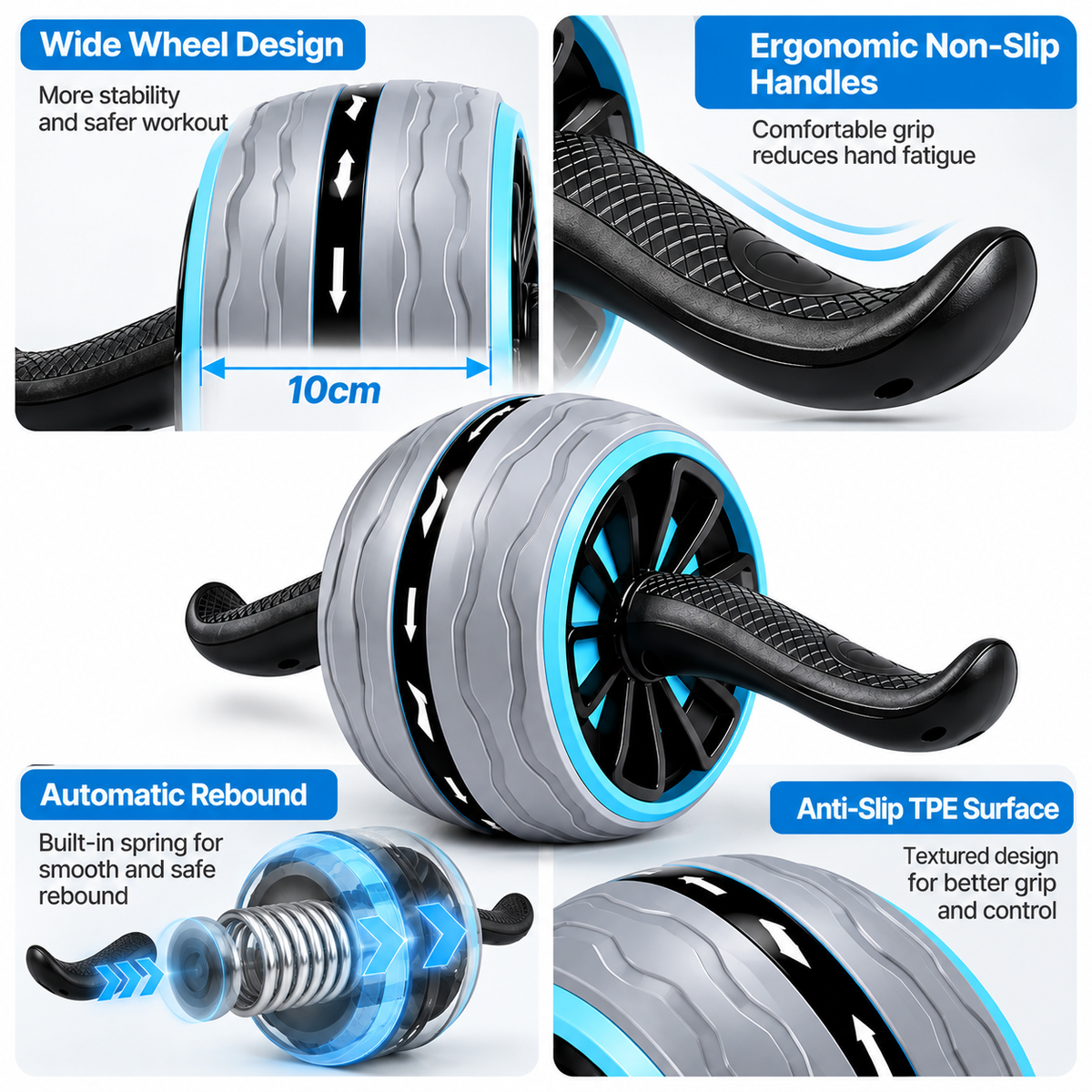 Spring-assisted abdominal trainer designed to support the return phase of rolling exercises.