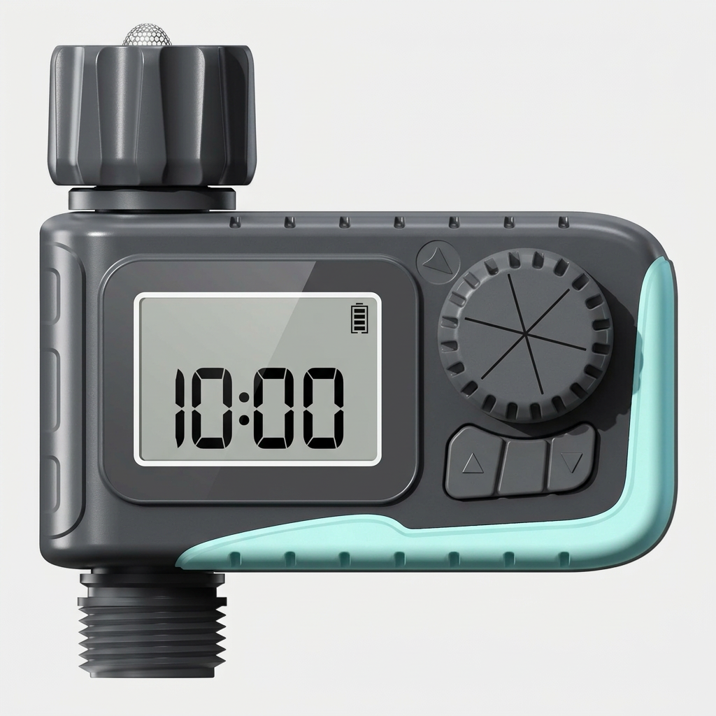 Programmable sprinkler timer for garden hose with digital display and rain delay feature.