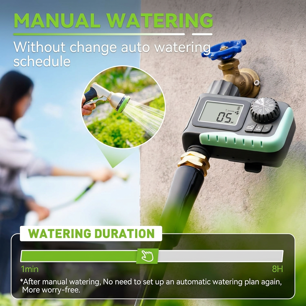 Digital irrigation sprinkler timer attached to a garden hose for efficient watering.