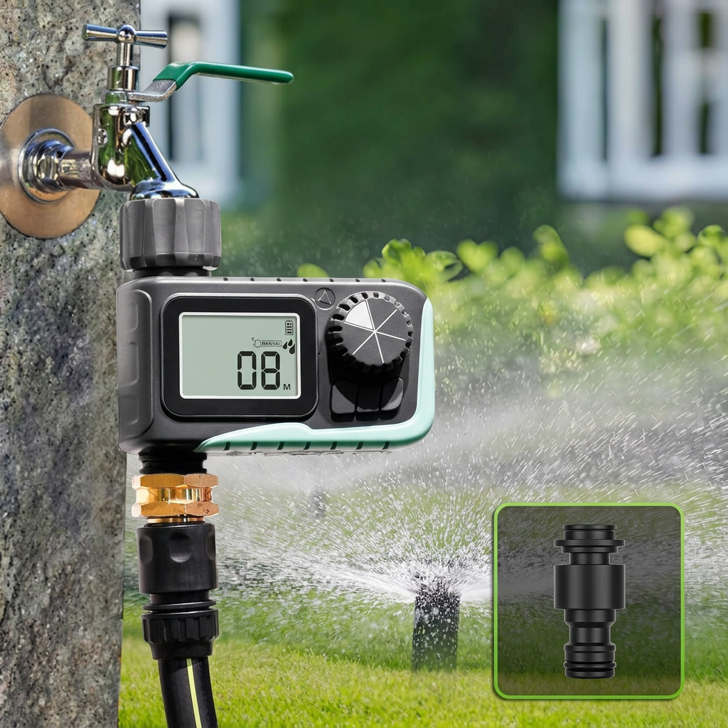 Close-up of programmable sprinkler timer with digital controls for setting watering schedules