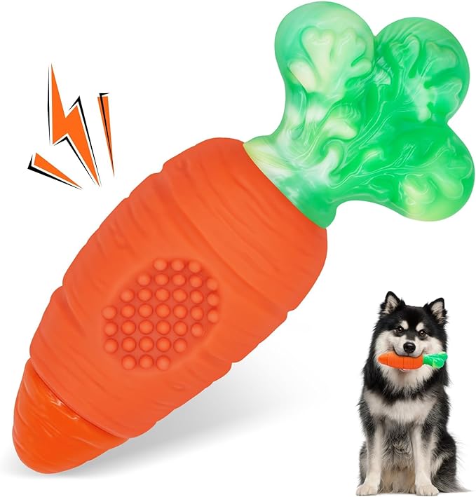 Textured squeaky dog play toy shown in package layout