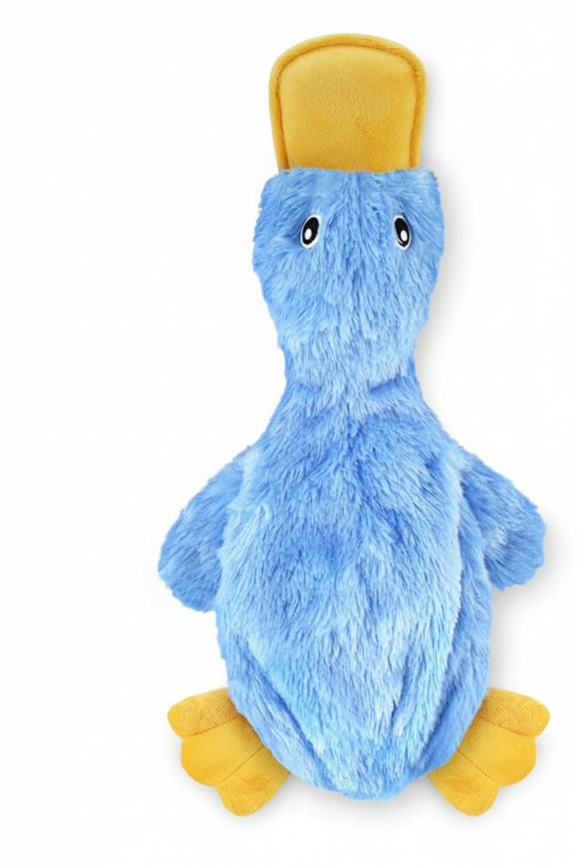 Squeaky sound feature on a duck-shaped dog toy