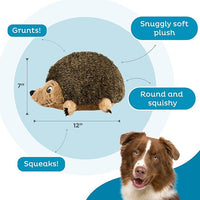 Squeaky and grunting sound detail on a plush dog toy