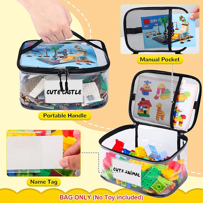 Stacked clear toy storage bags keeping toys neat and organized