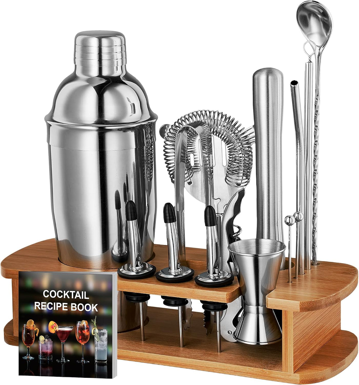 Stainless steel cocktail shaker set with beverage mixing accessories