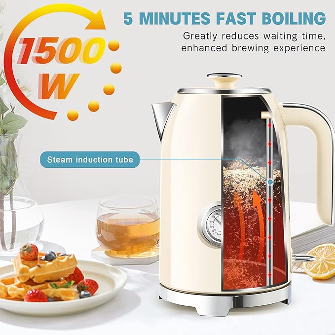 Stainless steel electric tea kettle displayed on a kitchen countertop