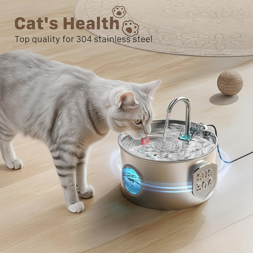 Front view of a stainless steel pet water dispenser